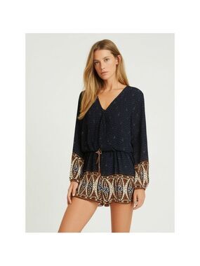 Bohemian Long Sleeved Semi Sheer Lined Romper Size XL Black and Brown